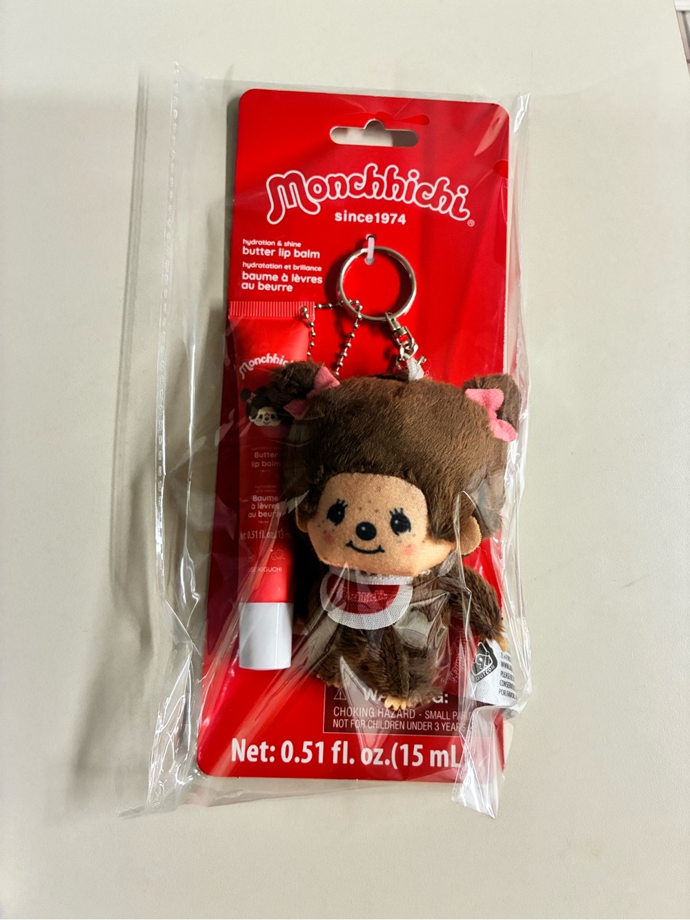 Monchhichi Brown Plush Keychain with Red Butter Lip Balm